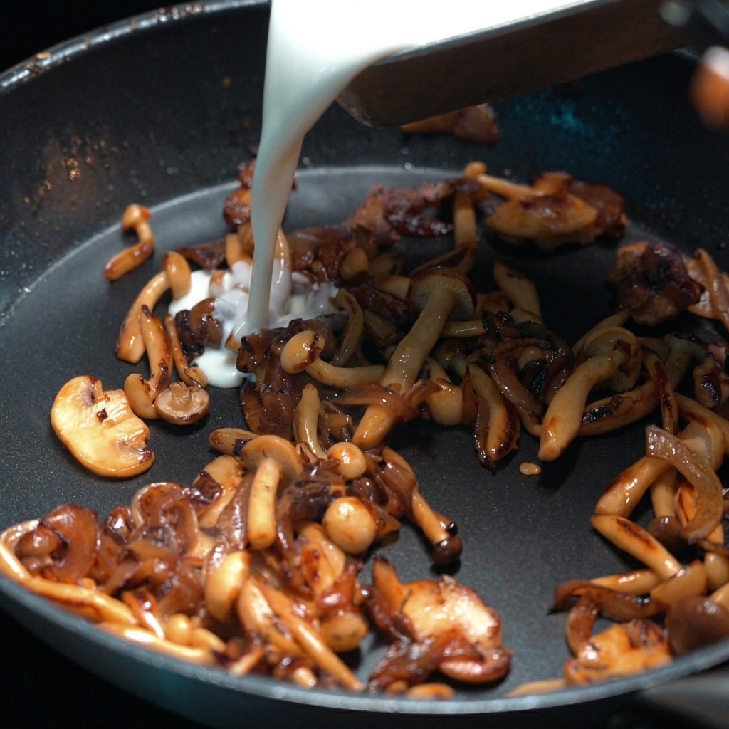 Mélange de lait et de crème versé sur les champignons sautés.