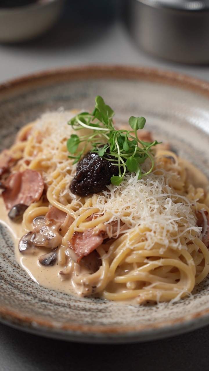 Une assiette de pâtes crémeuses à la truffe noire et au bacon, garnie de pousses fraîches et de copeaux de parmesan.