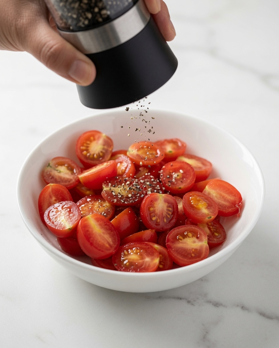 Assaisonnement ajouté au bol de tomates cerises avec un moulin à sel et à poivre.