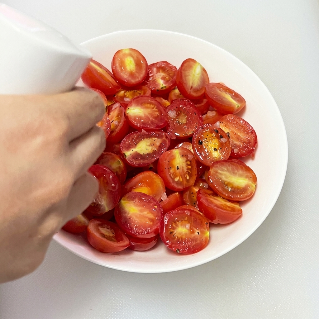 Un léger filet dhuile dolive vaporisé sur les tomates cerises dans le bol blanc.
