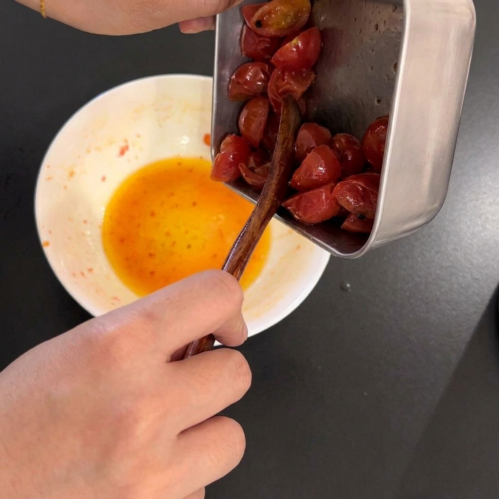 Les tomates cerises cuites dans un récipient dont on verse délicatement lexcédent de liquide.