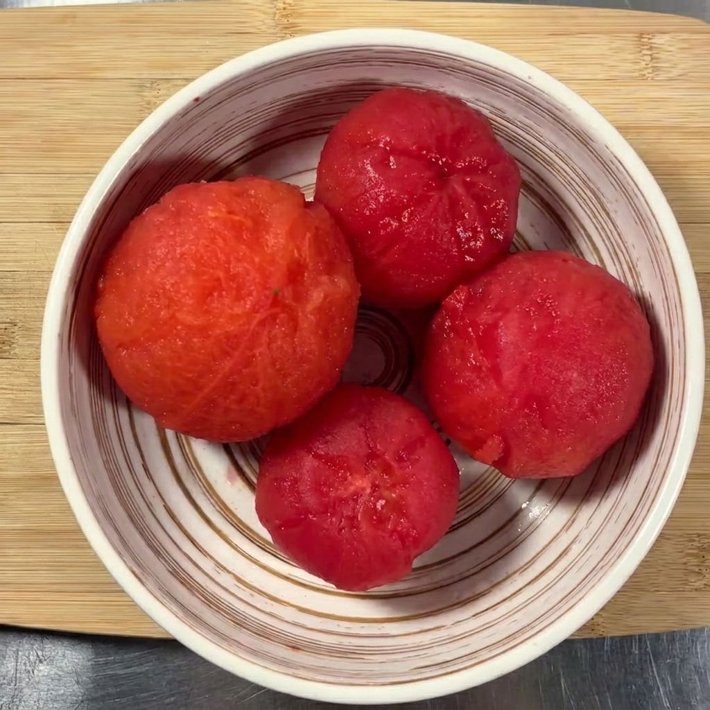 Quatre tomates pelées prêtes sur une planche à découper en bois, avec un couteau en position pour les couper en dés.