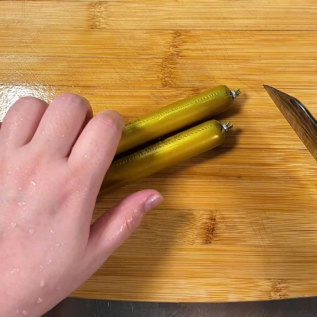 Une main tenant un couteau coupant deux saucisses en fines rondelles sur une planche à découper en bois.