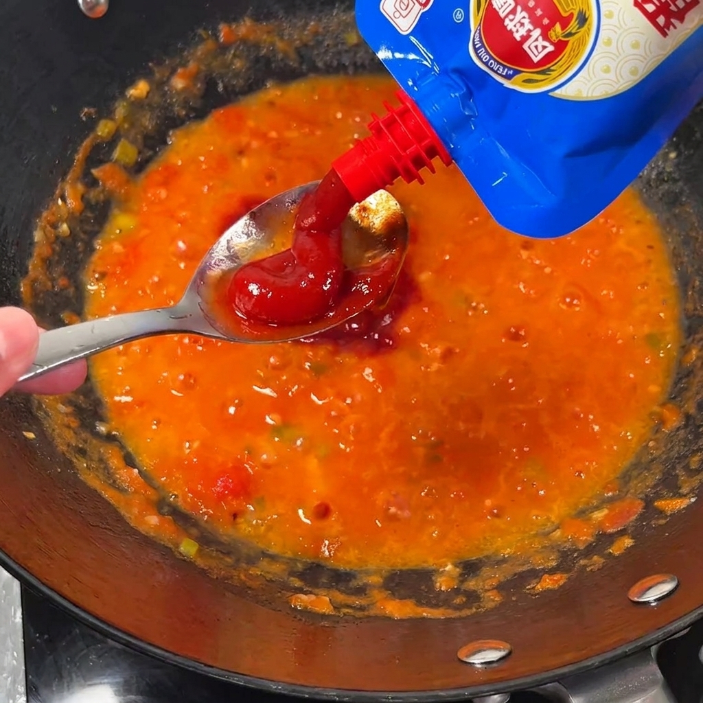 Concentré de tomate pressé sur une cuillère au-dessus dun mélange de tomates frémissant dans un wok.