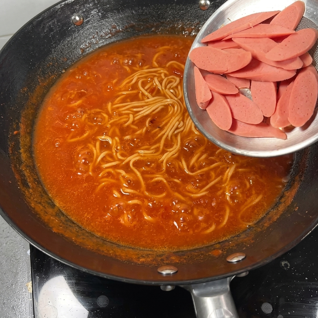 Tranches de saucisse et mini bok choy frais ajoutés à une marmite frémissante de soupe de nouilles à la tomate.