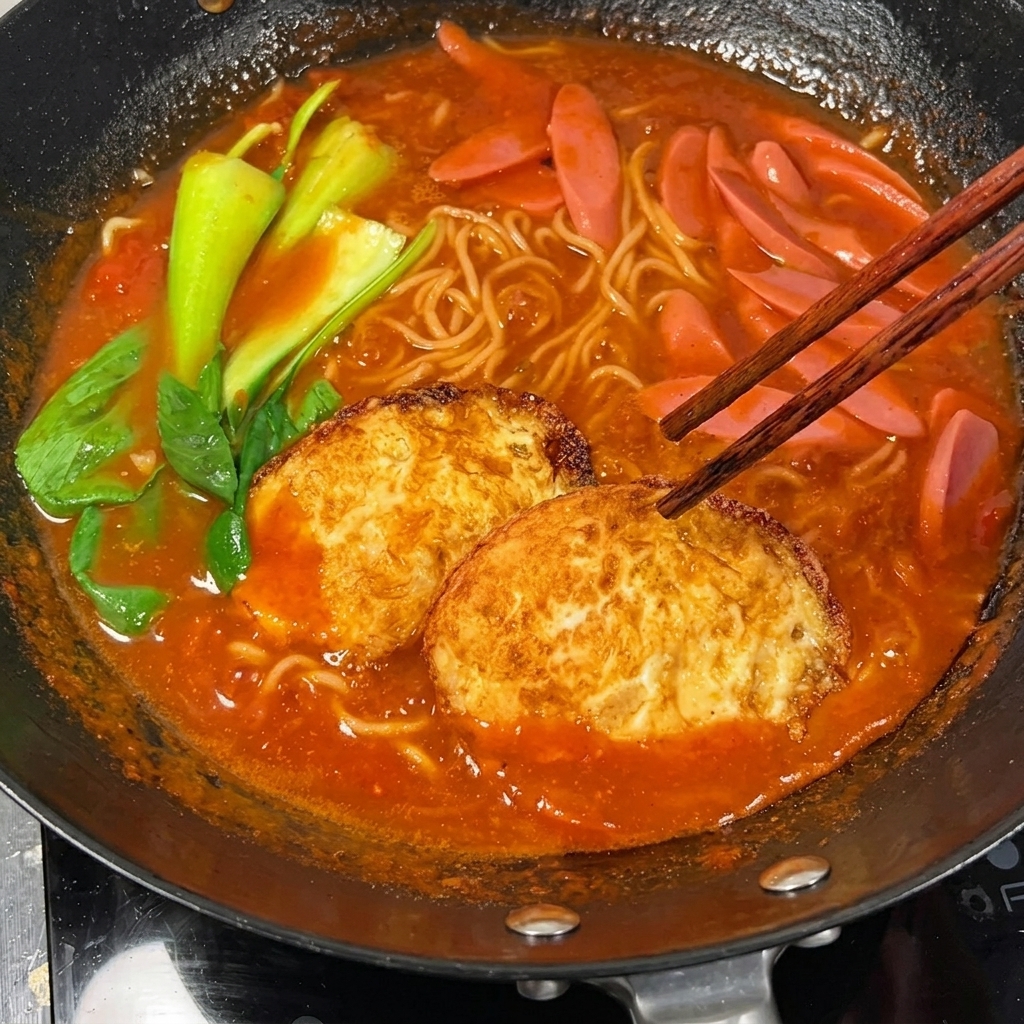 Deux œufs frits croustillants reposant sur un délicieux bol coloré de soupe de nouilles à la tomate.