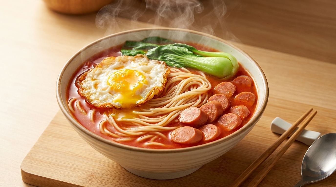 Soupe de Nouilles Riche à la Tomate et Œuf Frit