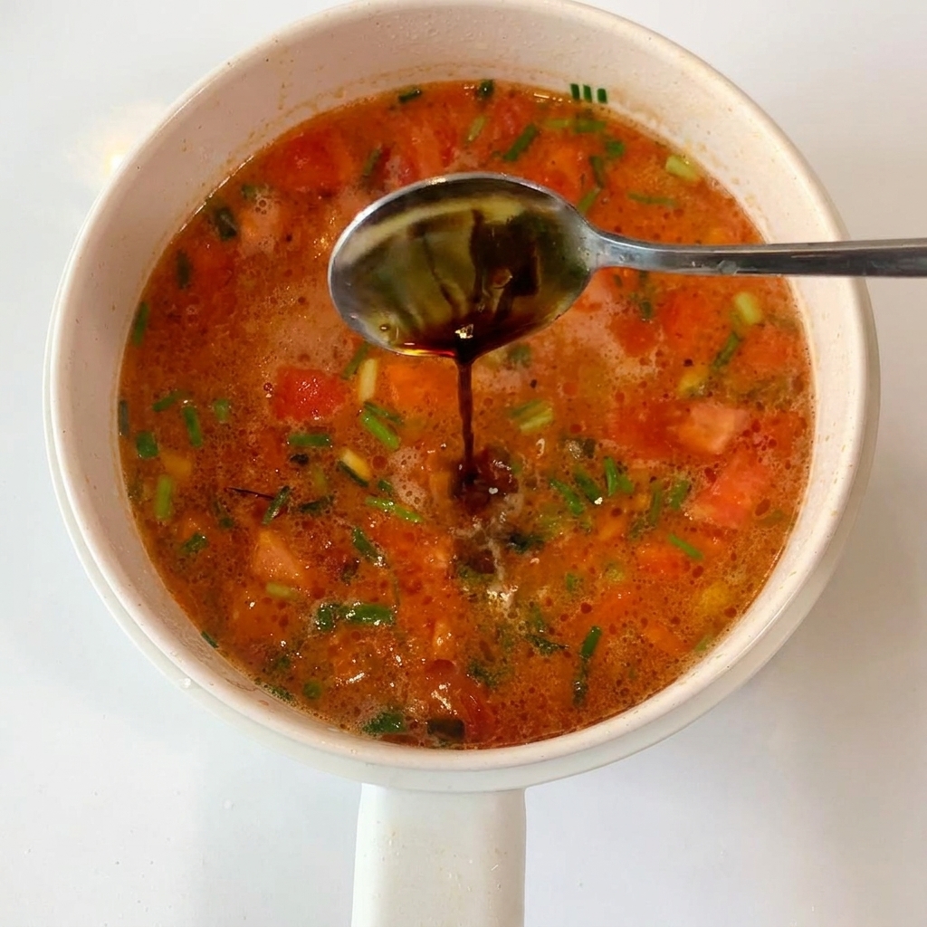 Une cuillerée de sauce sombre ajoutée à la soupe à la tomate frémissante.