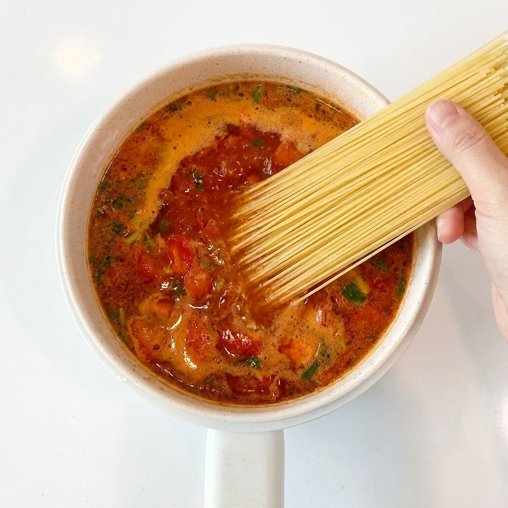 Longues nouilles immergées dans la soupe à la tomate bouillante dans la casserole.