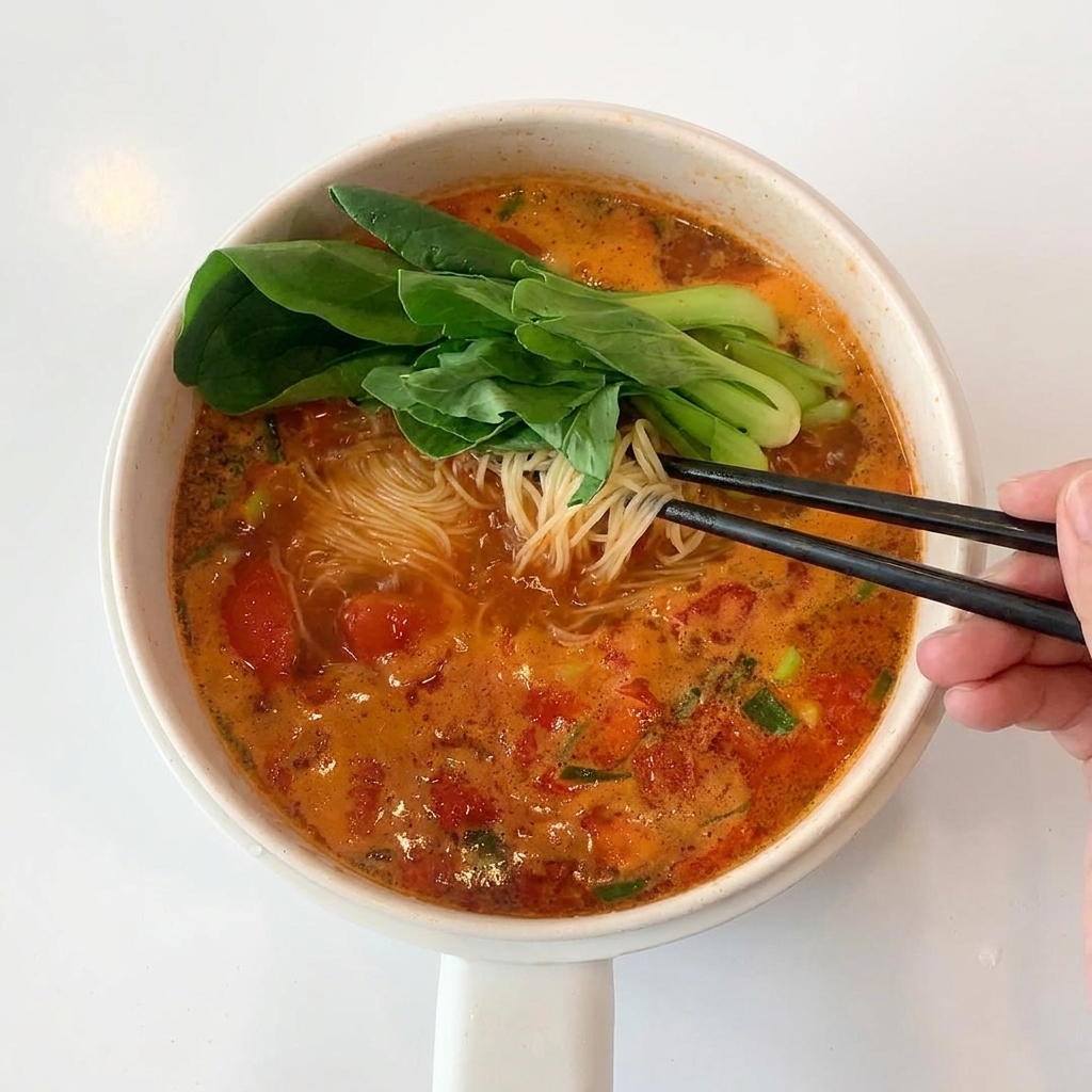Gros plan dune casserole de soupe à la tomate bouillante, avec des nouilles et des légumes verts mélangés.