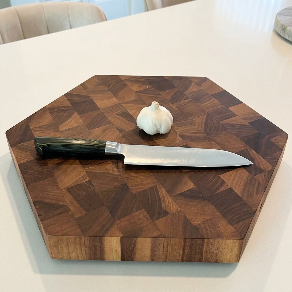 Un couteau de cuisine tranchant coupant des gousses dail en fines lamelles sur une planche en bois.