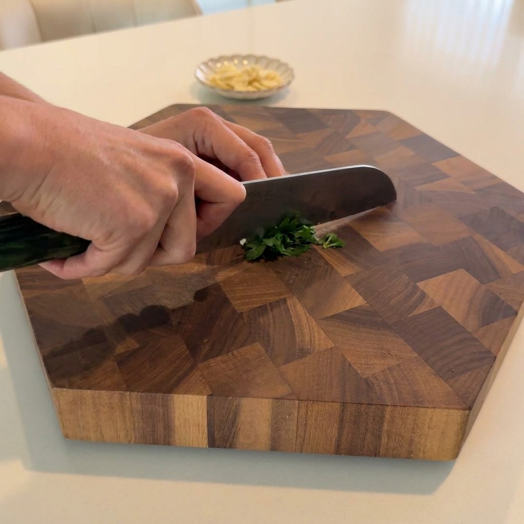Du persil frais finement haché au couteau sur une surface en bois.