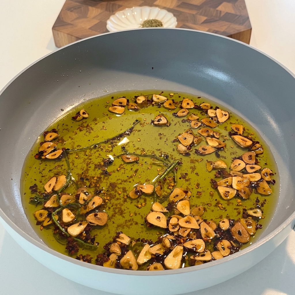 Eau de cuisson des pâtes versée dans la poêle pour émulsionner lhuile, lail et les herbes.