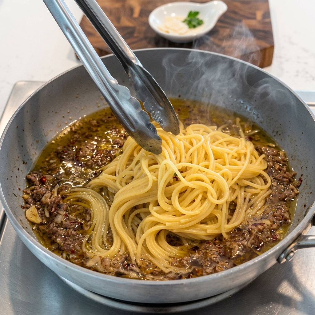 Pâtes al dente mélangées avec la sauce préparée dans la poêle.