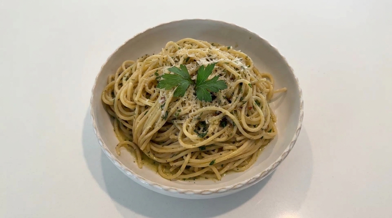 Une assiette de pâtes brillantes infusées au citron, terminées par du persil frais et du parmesan.
