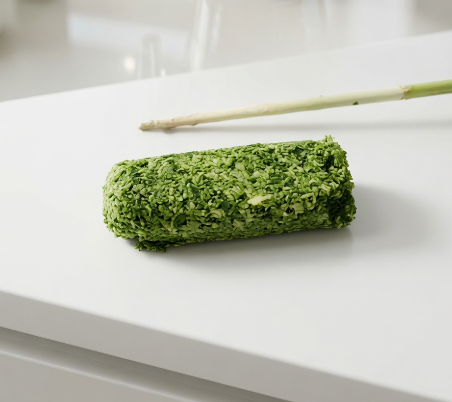 Un boudin de beurre aux herbes emballé dans du papier sulfurisé, prêt pour le congélateur.