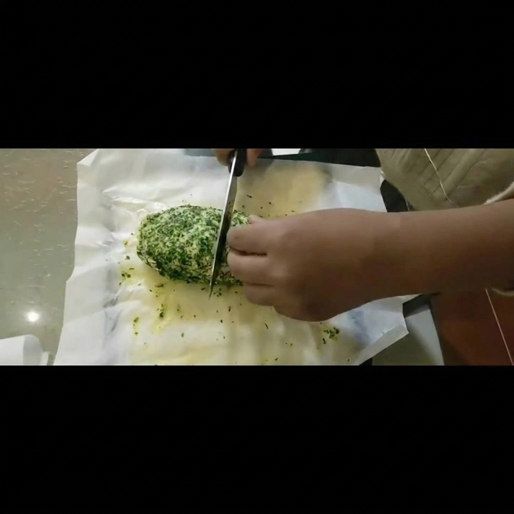 Tranches régulières de beurre aux herbes déposées sur du papier sulfurisé.