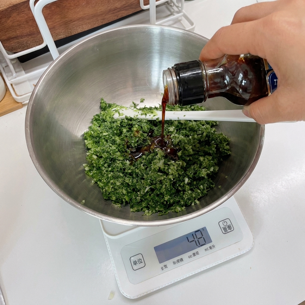 Poivre noir ajouté au mélange de persil dans un bol posé sur une balance de cuisine.
