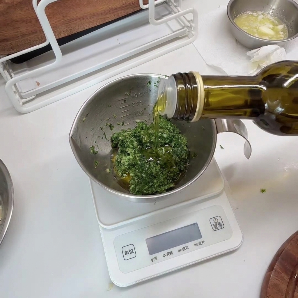 Bol contenant le mélange de persil avec de lhuile dolive versée depuis une bouteille.
