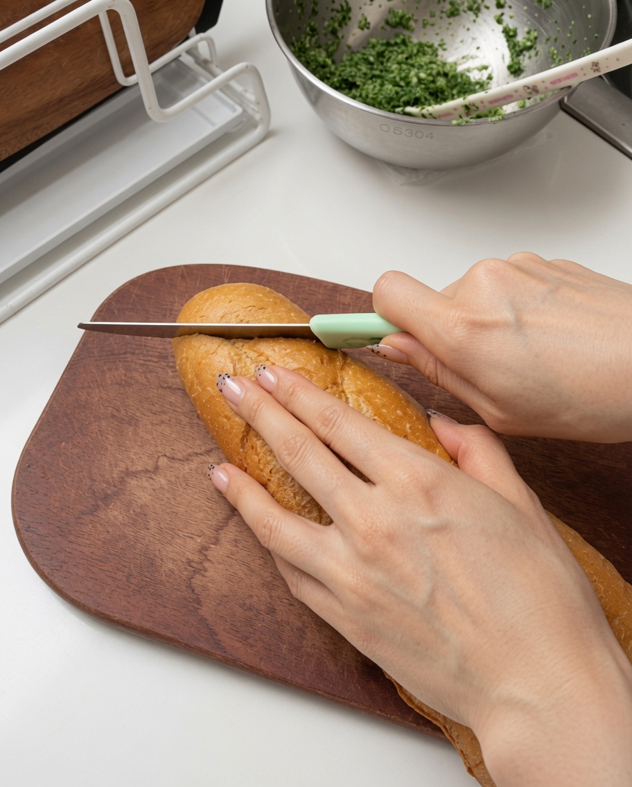 Mains utilisant un couteau à pain pour trancher une baguette sur une planche en bois.