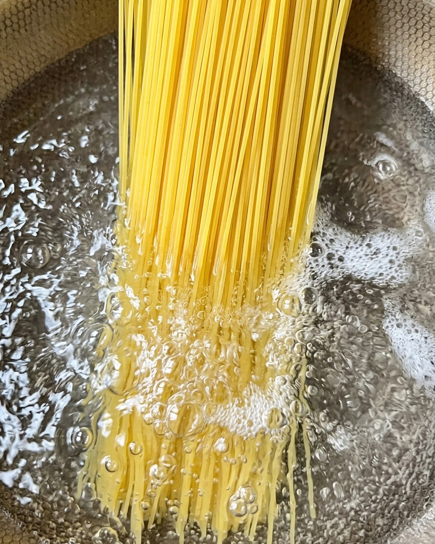 Brins de pâtes fines plongeant dans une grande casserole deau bouillante.