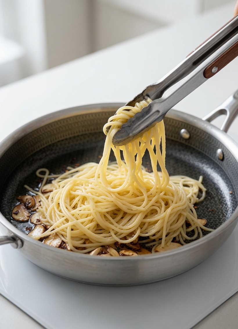 Spaghettis bouillis mélangés avec lail et le piment dans une poêle à laide de pinces en acier inoxydable.