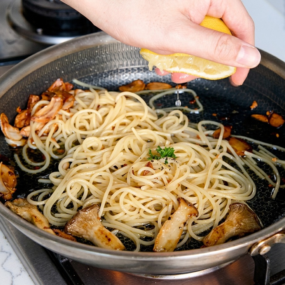 Main pressant un quartier de citron frais sur les spaghettis dans la poêle.