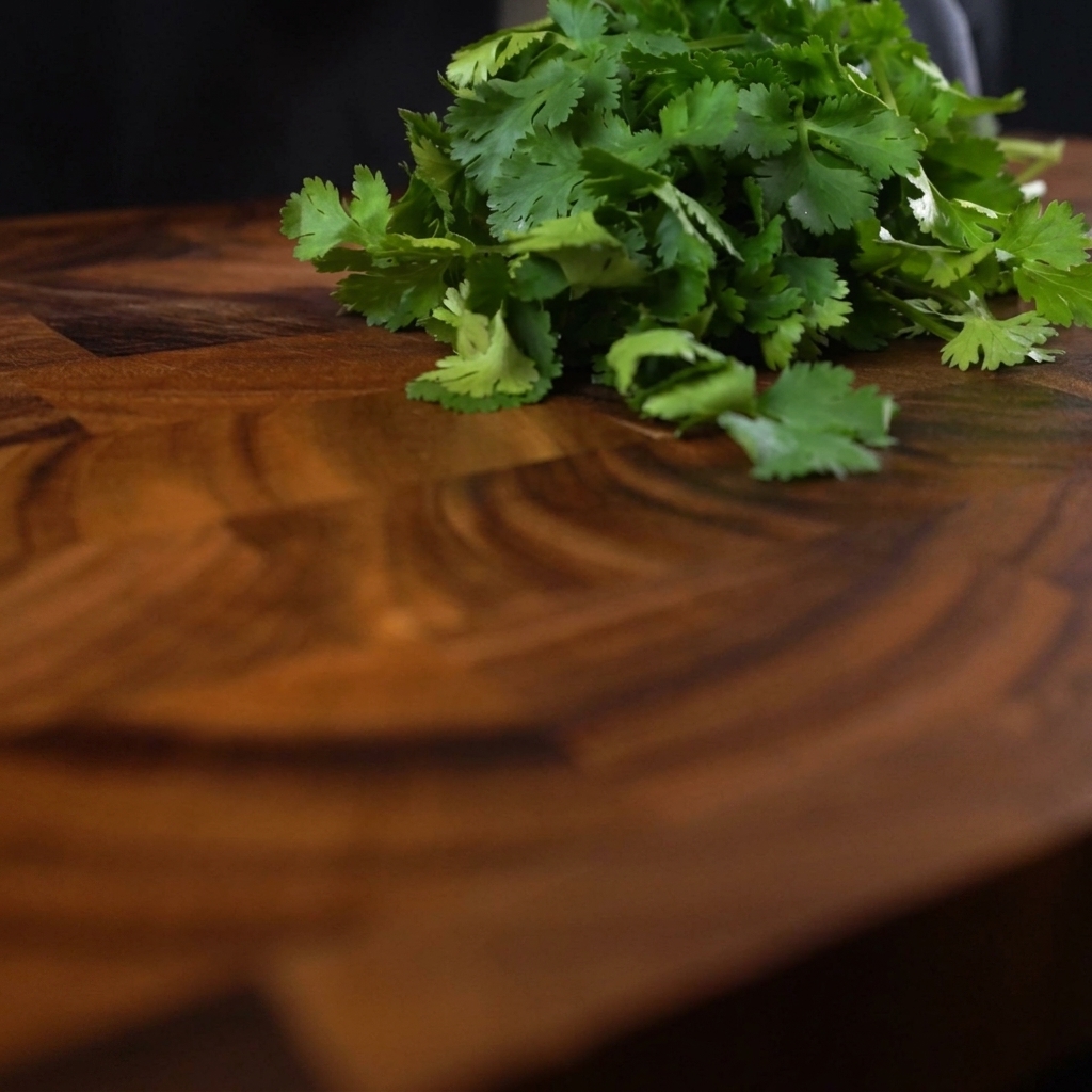 Gros plan sur du persil vert frais finement haché sur une planche à découper en bois foncé avec un couteau de chef.