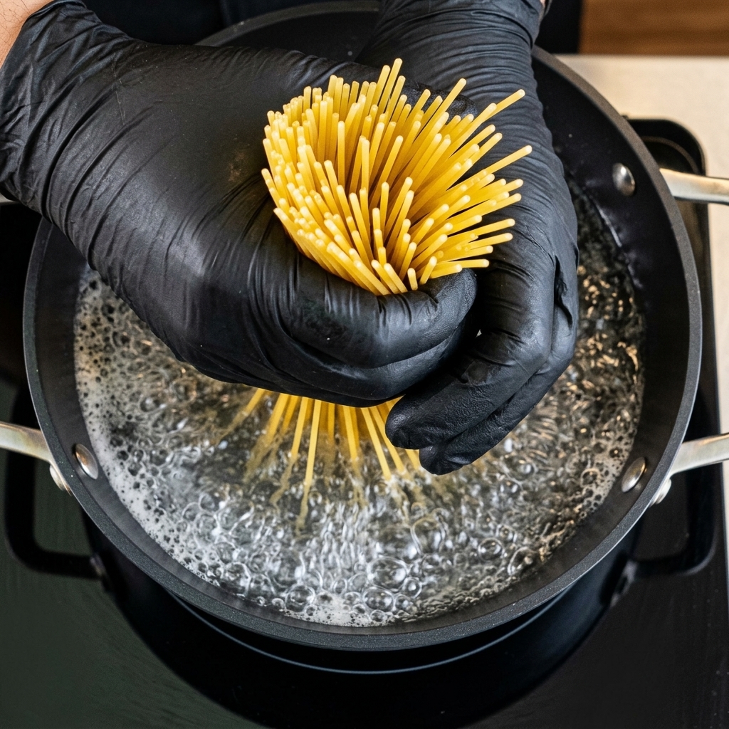 Mains gantées tenant un paquet de spaghettis secs et les plongeant tout droit dans une casserole deau bouillante à gros bouillons.