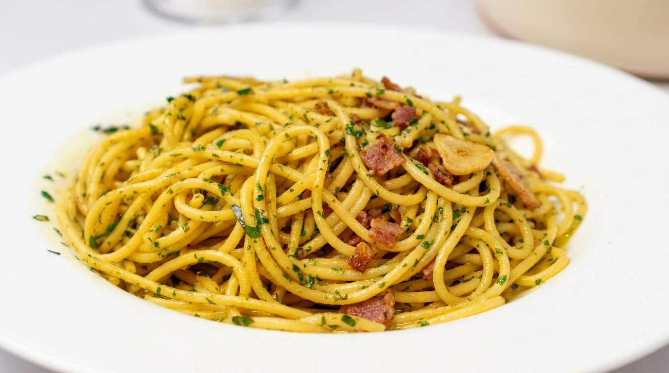 Spaghetti Aglio e Olio classique au bacon croustillant
