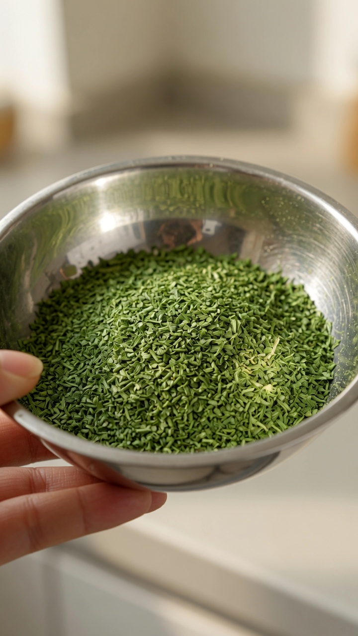 Assaisonnement aux feuilles de céleri séchées, réduit en poudre fine et dun vert éclatant.