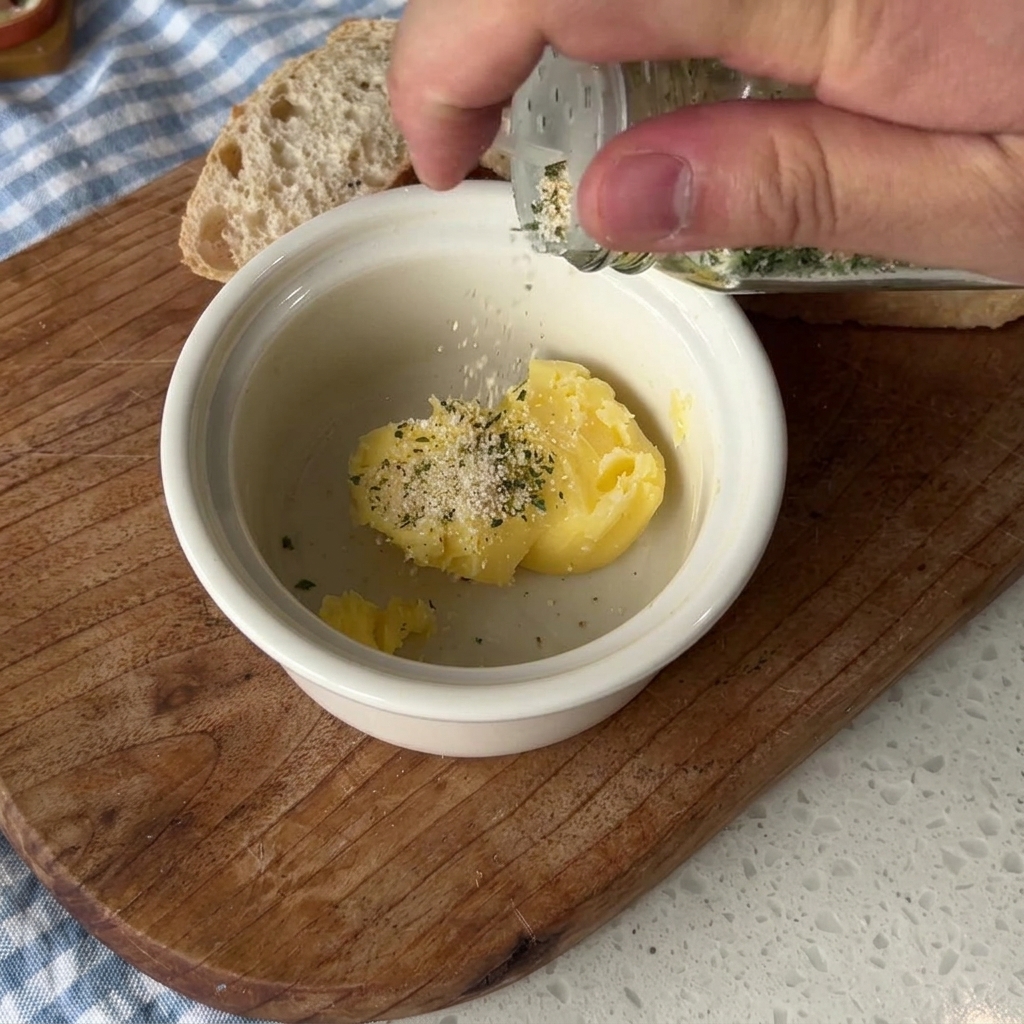 Gros plan sur lail émincé ajouté dans un bol contenant du beurre et des herbes.