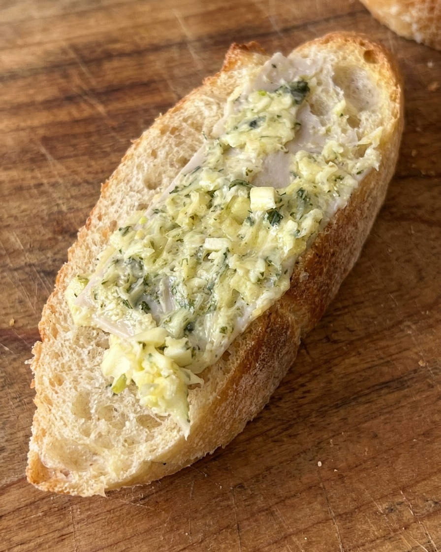 Une tranche de baguette généreusement enduite de beurre à lail à laide dune spatule.