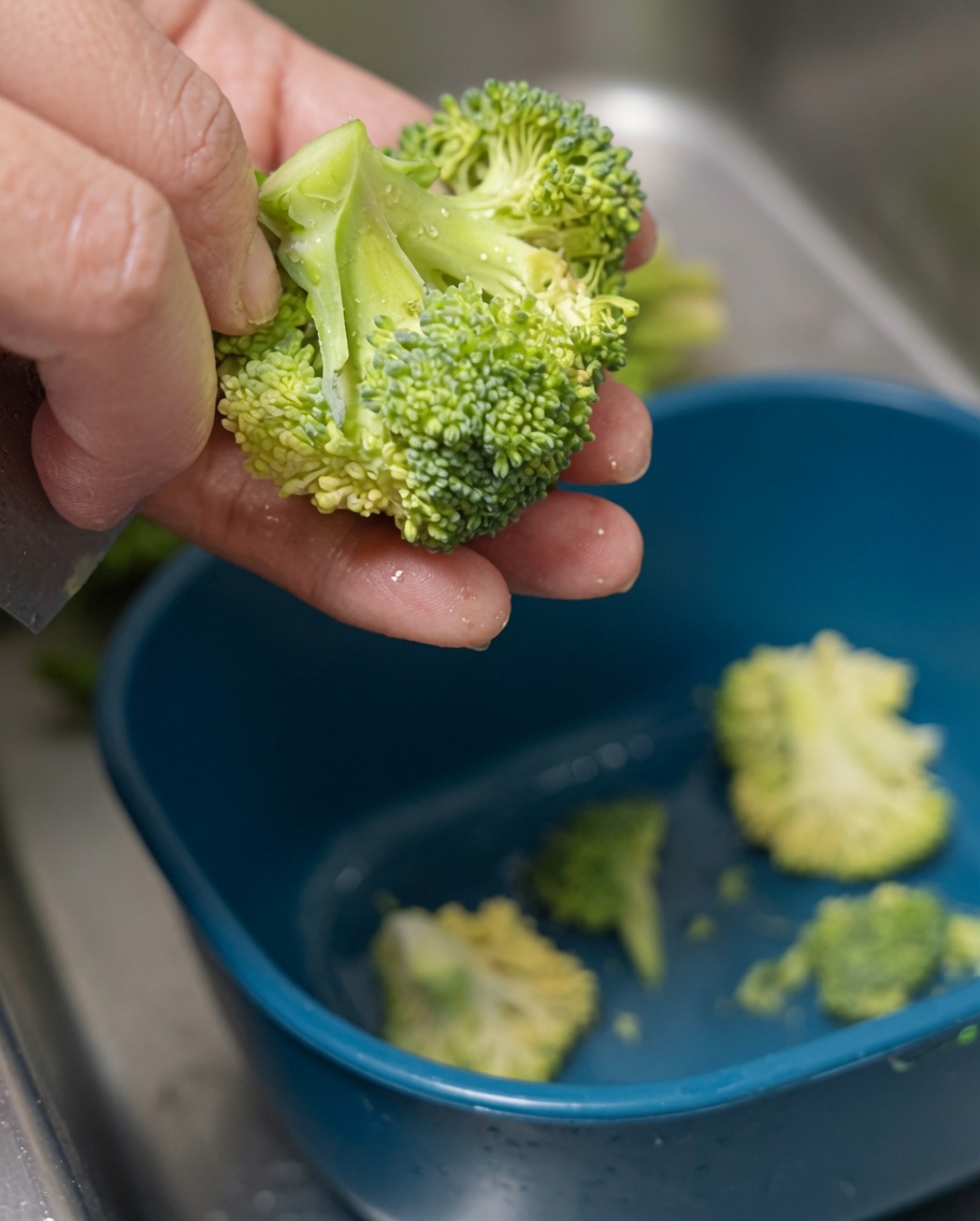 Fleurettes de brocoli frais en train dêtre rincées et coupées pour la cuisson.