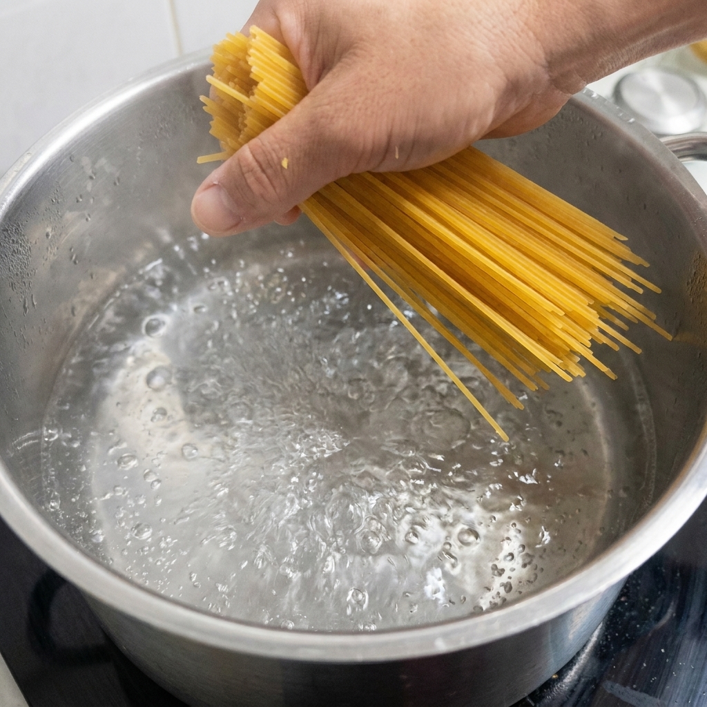 Une poignée de spaghettis secs plongés dans de leau bouillante.