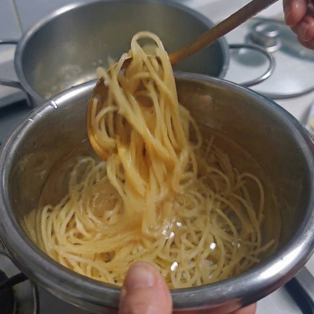 Spaghettis cuits en train de refroidir dans un bol deau.