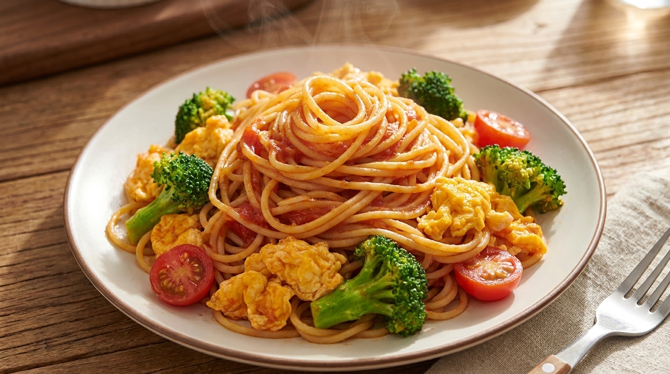 Spaghettis sautés à la tomate, œuf et brocoli