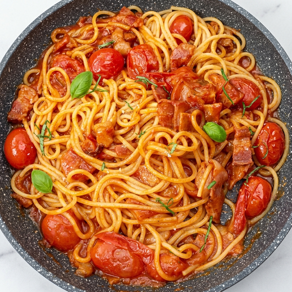 Fromage râpé saupoudré sur les pâtes à la sauce tomate et bacon.