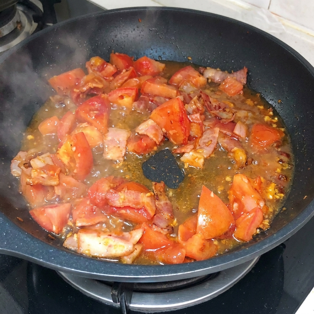 Eau chaude versée dans la poêle sur le mélange mijotant de tomates, bacon et ail.