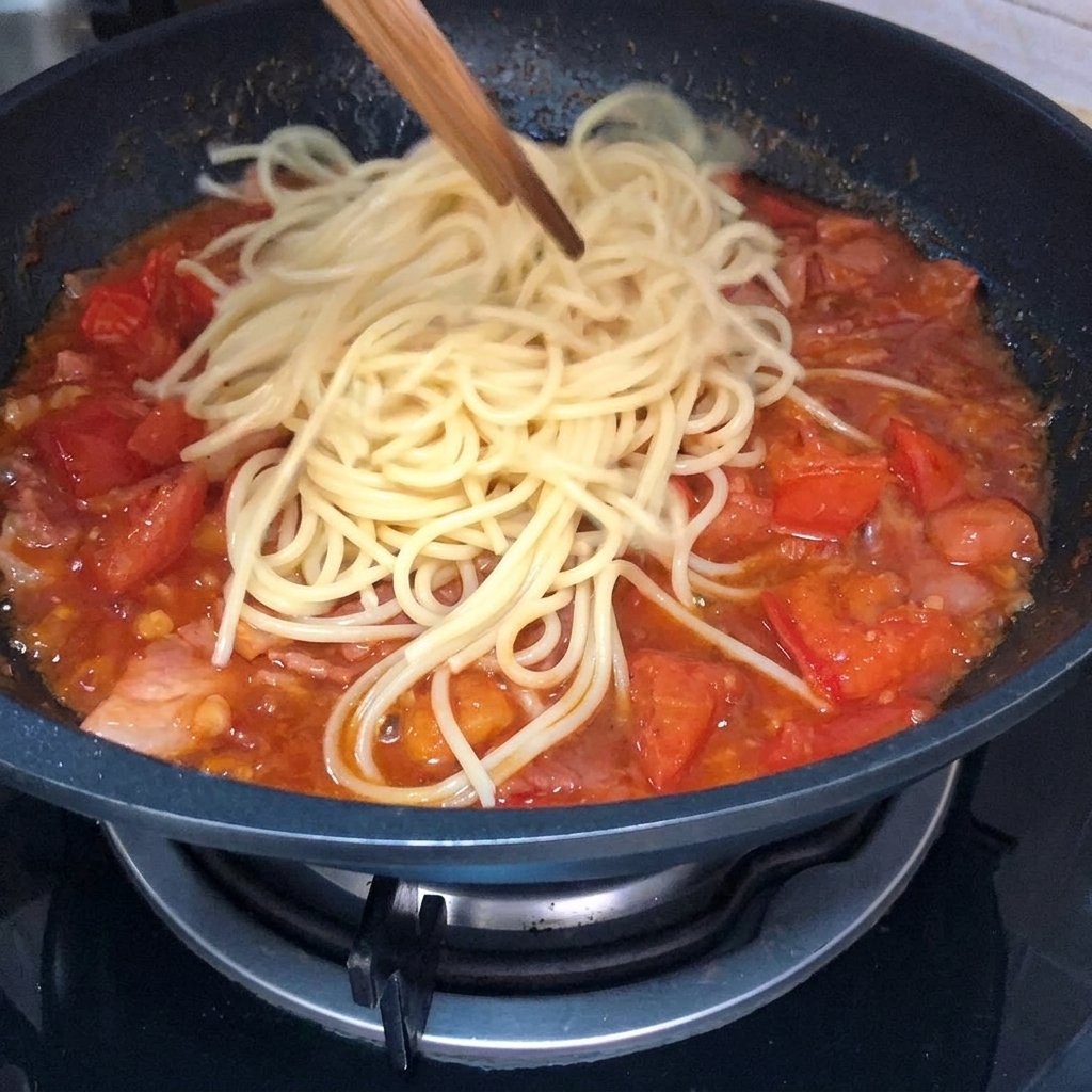 Spaghetti cuits ajoutés à la riche sauce tomate et bacon dans la poêle.