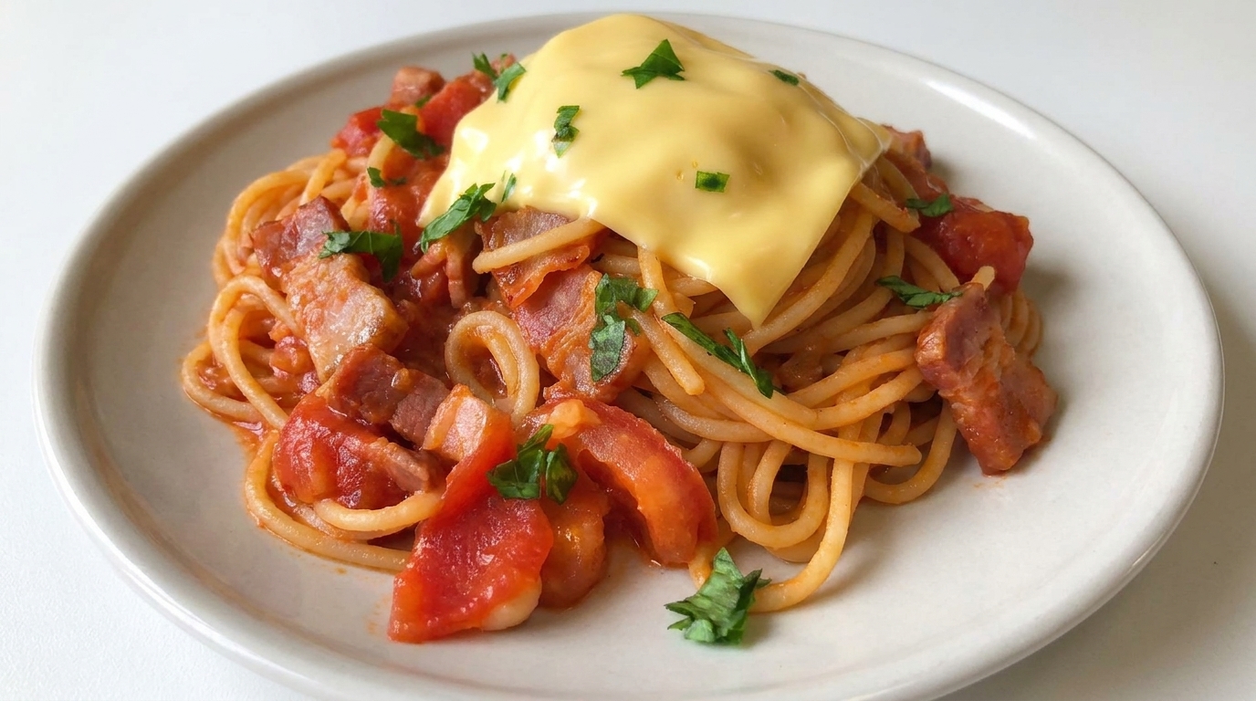 Pâtes faciles à la tomate, au bacon et au fromage fondant