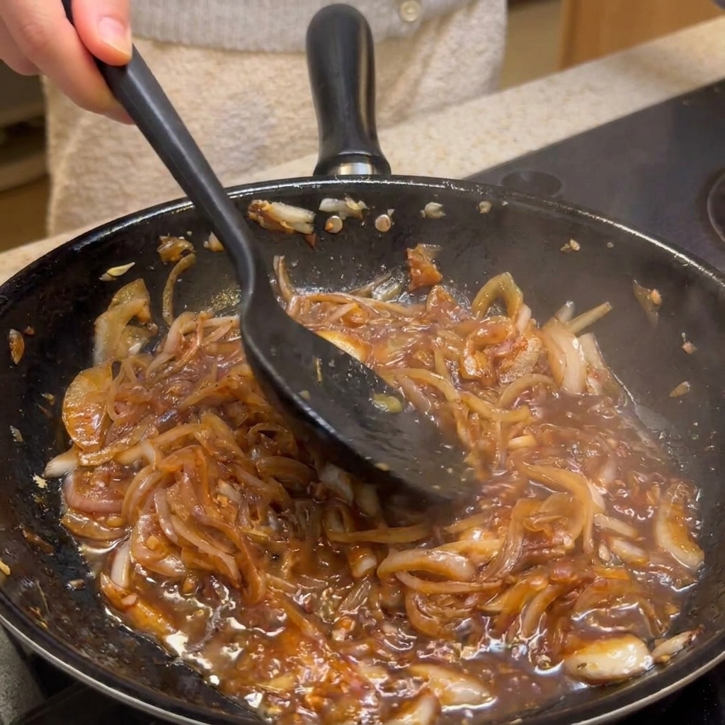 Ajout deau de cuisson et dhuile pimentée dans la sauce aux oignons.