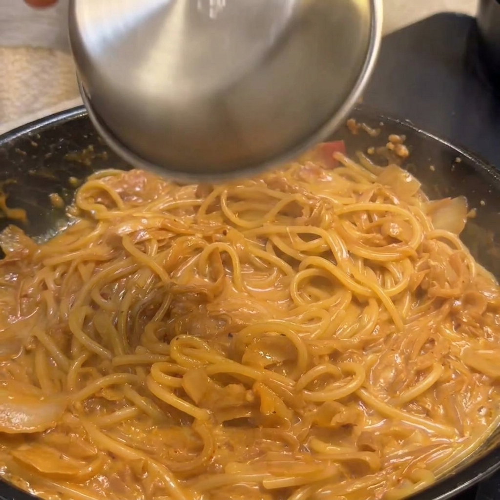 Ajout du bacon croustillant dans les pâtes pour la touche finale.