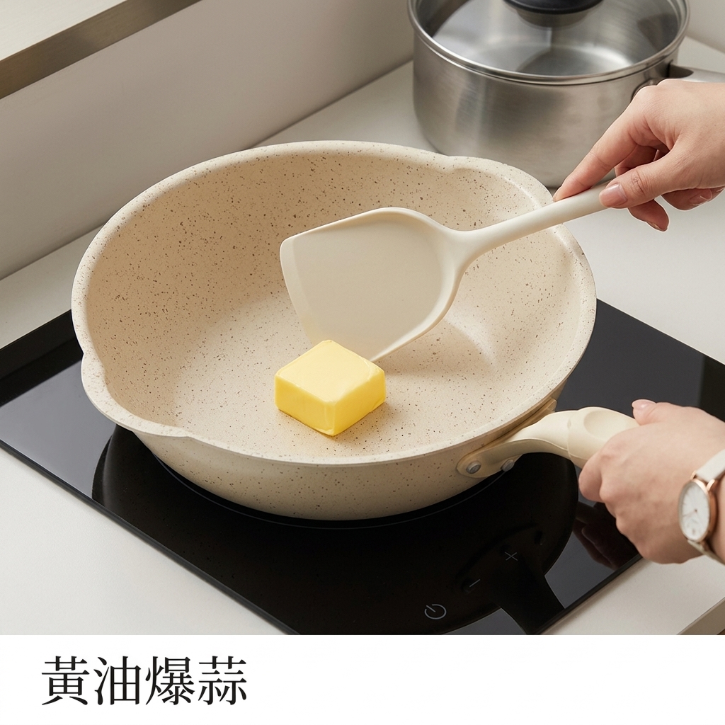 Une noisette de beurre jaune fondant dans une poêle antiadhésive avec des fines lamelles dail commençant à grésiller.