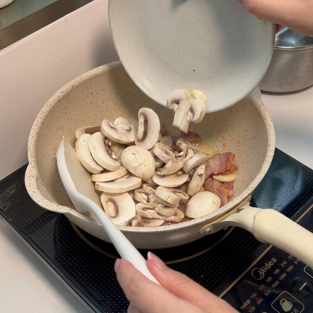Ail sauté, bacon croustillant et champignons tranchés dorés dans une poêle antiadhésive.