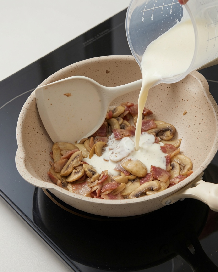 Base de sauce crémeuse bouillonnant dans une poêle avec des champignons et des morceaux de bacon.