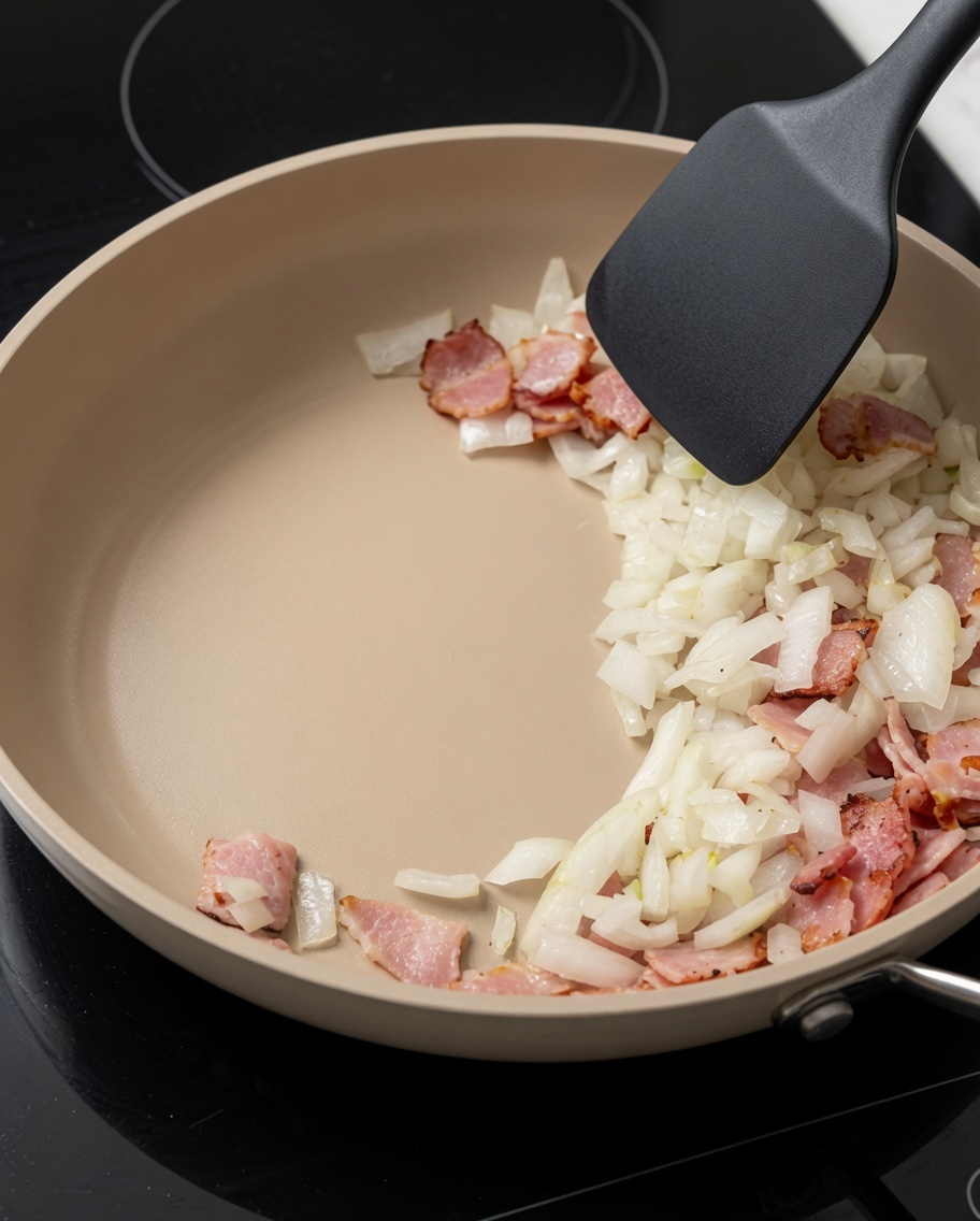 De leau versée dans la poêle avec le mélange bacon et oignon.