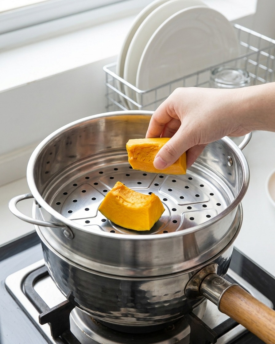 Dés de citrouille dans un panier vapeur sur une casserole deau bouillante.
