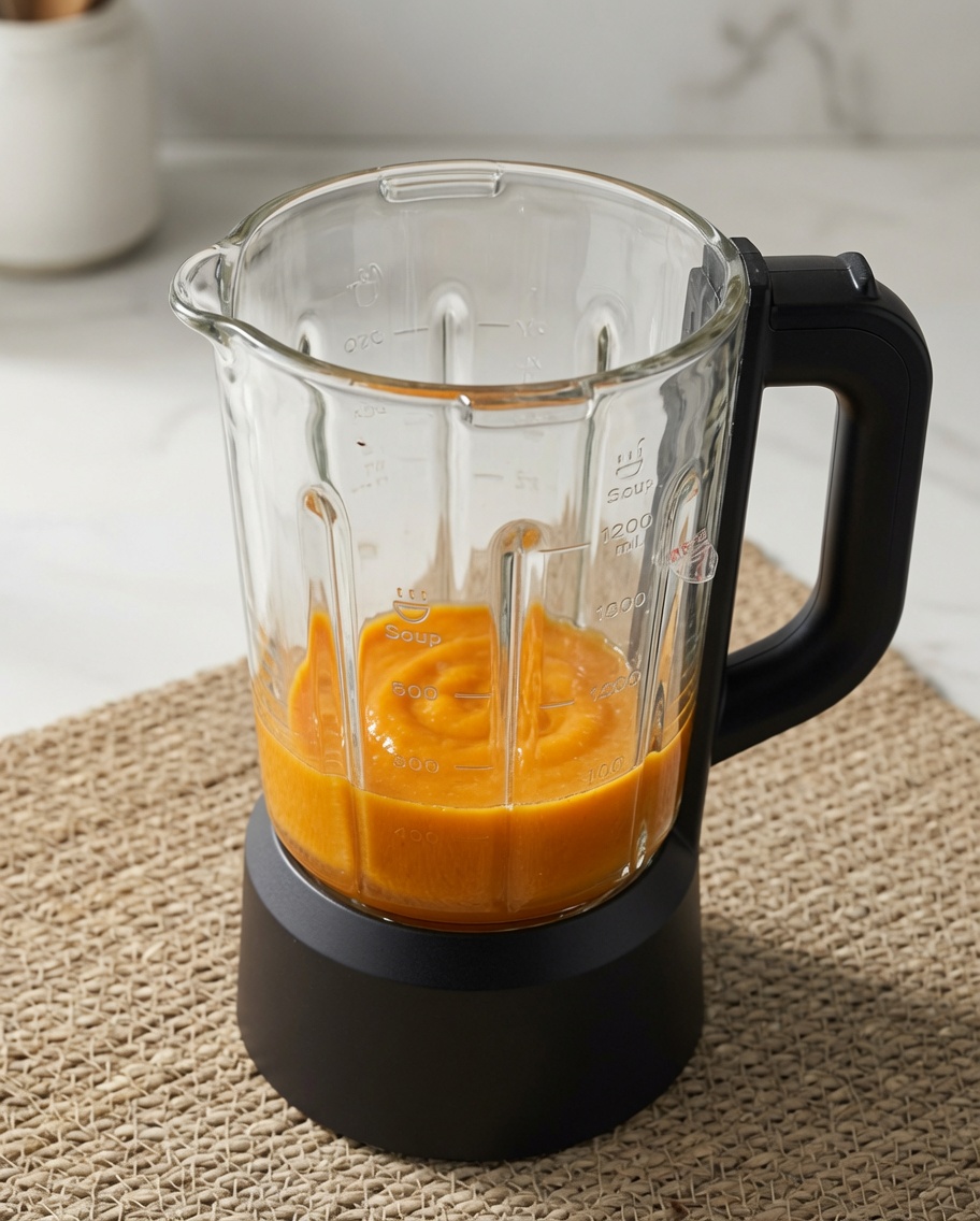Sauce orange crémeuse en cours de mixage dans un blender.