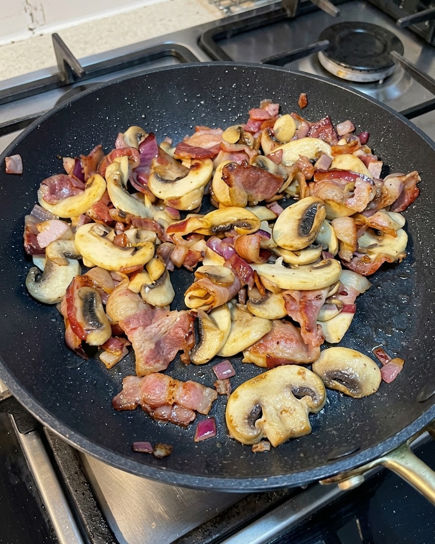 Spaghettis mélangés aux champignons, bacon et oignons dans la poêle.